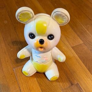 Sanitoy Rubber Squeaky Bear Toy White and Yellow Squeaker Vintage Plastic Toy